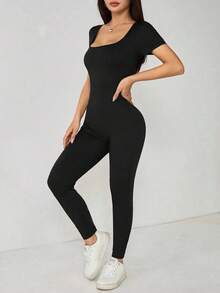 Mono deportivo de manga corta con cuello cuadrado para mujer de unicolor, de corte ceñido de moda - Negro - Ver 4