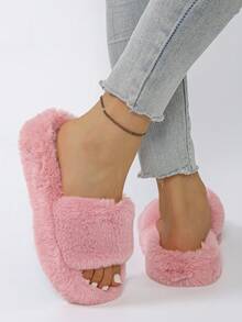 Fall/Winter Women's Fluffy Open Toe Platform Slippers, Comfortable Soft Open Toe Non-Slip Indoor Slippers, Home Slippers,Furry Shoes - Rose Red - View 3