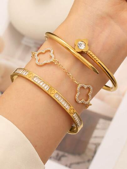 Pulseira de Zircônia com Formato de Unha de Trevo de Quatro Folhas, Elegante e de Luxo, Conjunto de Pulseiras Femininas em Aço Inoxidável, Adequado para Uso Diário, Festas à Noite, Encontros e Uso Diário como Presente