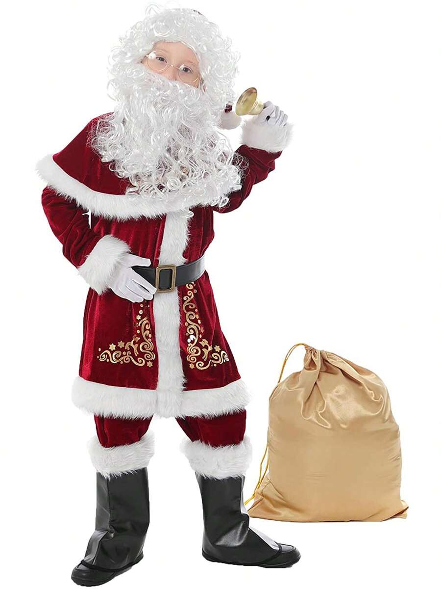 Santa Claus Costume Set Hat+Shawl+Top Shirt +Loose Pants+Shoes+Gloves+Waist Belt, Deluxe Velvet Santa Suit - 紅色1 - 查看 1