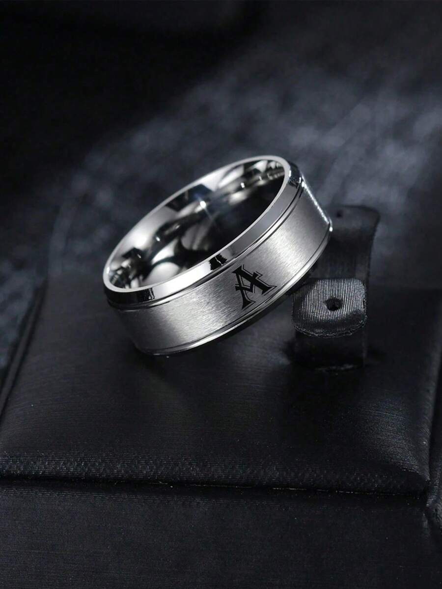 1pc Men's Fashion Stainless Steel Frosted Step Classic Ring - Silver - View 1