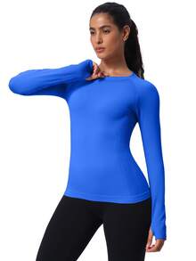 Seamless Slimfit Long Sleeve Top,Workout Shirts For Women Antibacterial Lightweight  Gym - 湖藍色 - 查看 3