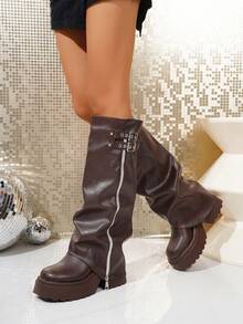 Botas Over-The-Knee de Moda Feminina, Botas Altas Pretas de Outono/Inverno Novas com Bico Redondo, Couro, Fivela, Ilhós Metálicos, Solado Grosso e Escorregadio, Botas Cowboy Marrons, Botas de Montaria, Botas de Calça, Botas Ocidentais para Uso Diário, Botas Brancas Femininas