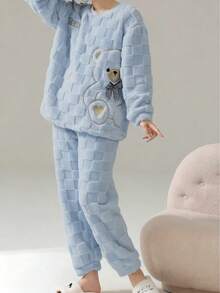 Cute Striped Wool Pajamas - Bear Pattern Comfortable Wool Flannel Fleece Thick Warm Pajama Set - Women's Polyester Sleepwear Top And Pants, Suitable For New Year - Long Sleeve Round Neck Teenager Homewear 2-Piece Set, Fluffy Cozy Winter Clothes