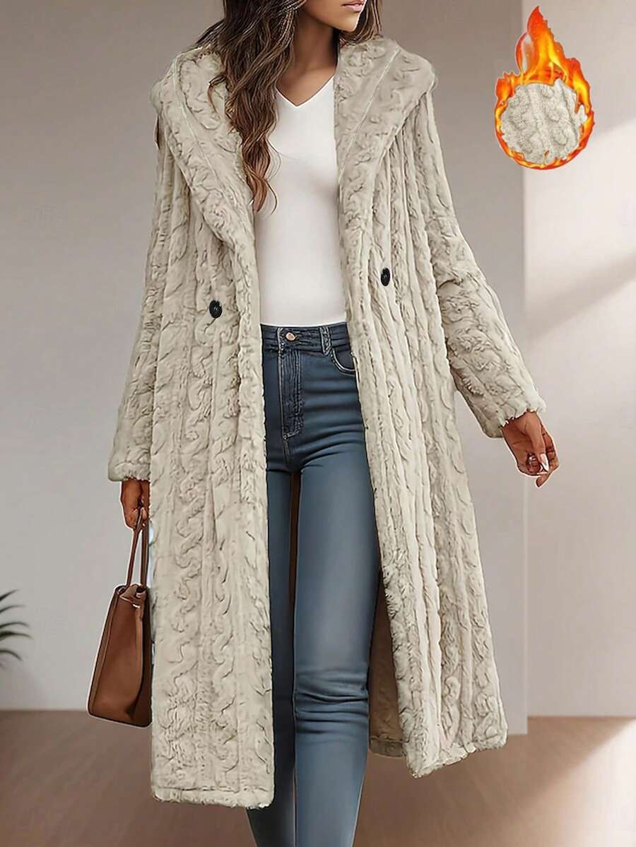 Plus Size Women Fuzzy Hooded Coat Jacket, Casual Elegant Minimalist Style For Autumn/Winter