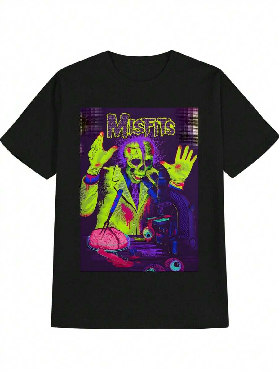 Men'S Casual Versatile Crew Neck T-Shirt With Vibrant Misfits Print - Lightweight Polyester, Regular Fit, Summer-Ready, Perfect Gift For Men, Summer Tshirt | Crew Neck Shirt | Patterned Shirt Cool T Shirts Men Plain T Shirts Men Funny New Year Shirt Men Merry Liftmas T Shirt Muscle Fit T Shirt Men - Black 2 - 查看 1