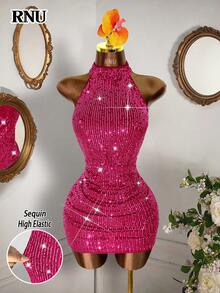 RNU Đầm mini ôm sát gợi cảm, hở lưng, co giãn, đính sequin nhiều màu sắc, thích hợp cho hẹn hò, tiệc hóa trang, hộp đêm, dạo phố, ngày Valentine, sinh nhật năm mới, mùa xuân/hè/thu/đông. - Màu Hồng Tươi - Xem 4