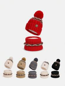 Set de 2 piezas/3 piezas de gorro, bufanda y guantes de punto jacquard de moda para mujer, accesorios versátiles y cálidos para el invierno, para uso diario en invierno (estilo aleatorio de entrega)