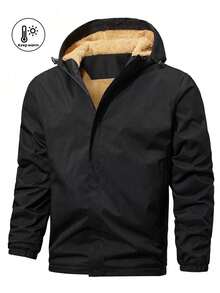 新款男士冬季保暖内衬休闲夹克，时尚户外连帽厚外套，秋季 - 黑色 - 查看 2