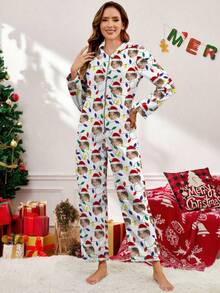 Printstory Customized Fleece Jumpsuit, Personalized With Human, Family Member, Pet, Cartoon, Holiday-Themed Interesting Graphics, Great For Christmas, Holiday Gifts - White - View 5