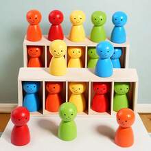 1 Box Wooden Educational Toy, 5-Color Wooden Dolls Sorting Game, Children Color Matching Classification Smiling Dolls, Infant Early Education Intellectual Enlightenment Toy, Perfect Gift For Birthday And Christmas - Multicolor - View 3