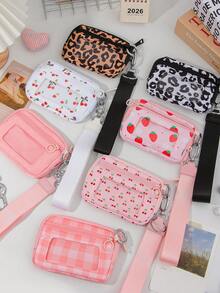 1个格子零钱包，女士钱包，卡包，拉链袋，短款钱包，小钱包，钥匙扣，手拿包，腕包，口红耳机包，便携式草莓卡包，钱包，樱桃腕包便携卡套，日常购物 - 彩色 - 查看 4