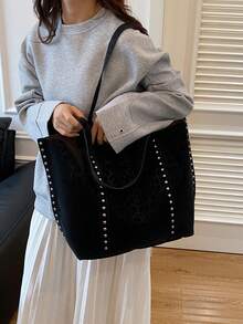 Geantă de umăr din piele PU cu imprimeu leopard pentru femei, nouă la modă, cu capacitate mare, decor cu nituri, stil vintage elegant, potrivită pentru întâlniri, cumpărături, naveta, versatilă - Negru - Vizualizare 8