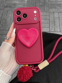 1pc Heart-Shaped Phone Holder & Cute Bell Pom Pom Lanyard Decor Phone Case, Retro-Inspired Fashion Accessory, Suitable For IPhone 17 Air/17 Pro Max, S25 Ultra/S25 FE, Redmi Note 13, Anti-Fall Anti-Scratch, Artistic Girl/Feminine Holiday Christmas Gift