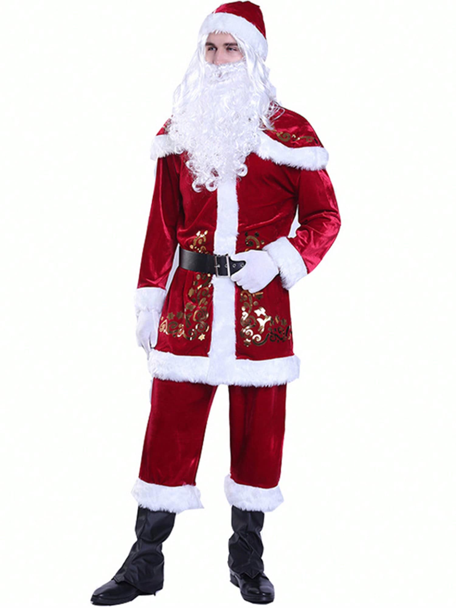 Santa Claus Costume Set Hat+Shawl+Top Shirt +Loose Pants+Shoes+Gloves+Waist Belt, Deluxe Velvet Santa Suit - Đỏ - Xem 1