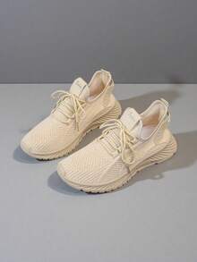 2025 New Style Women's Casual Sports Shoes Solid Color Lace-Up Slip-On Wear-Resistant Eva Insole Women's Tennis Shoes Indoor Exercise Outdoor Hiking Autumn And Winter Women's Shoes - Màu be - Xem 2