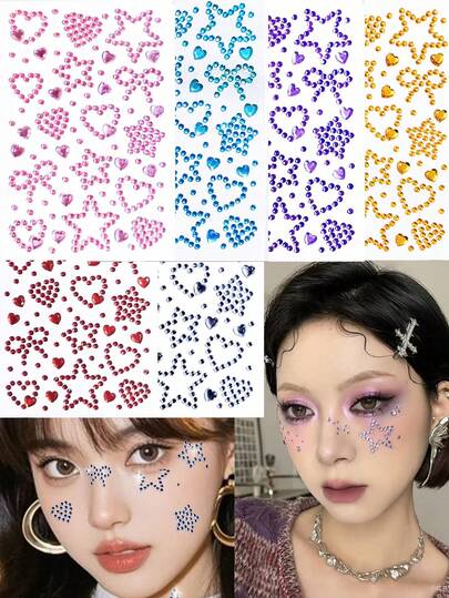 心形五角星蝴蝶结亚克力镂空钻石，闪亮面部钻石贴纸，各种形状的钻石贴片（如五角星、心形和蝴蝶结），圆形粘性面部贴片（多种颜色，包括粉色、蓝色、紫色和红色），面部贴片，DIY面部贴片，下眼部化妆贴片，仿珍珠水晶钻石贴片，化妆贴片