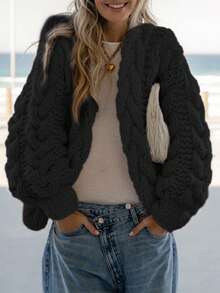 女装秋冬时尚休闲通勤罗纹宽松外套针织长袖常规宽松修身针织短款开衫外套，流行宽松款式手工粗针钩针加厚针织开衫外套毛衣上衣，毛衣开衫，流行撞色，外套，返校服， - 黑色 - 查看 4