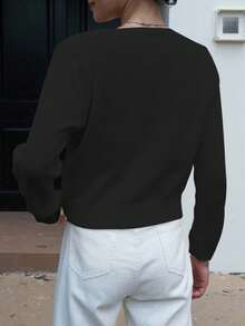 Women's Minimalist Solid Color Round Neck Button Up Long Sleeve Knit Cardigan Sweater, New Year - Black - View 4