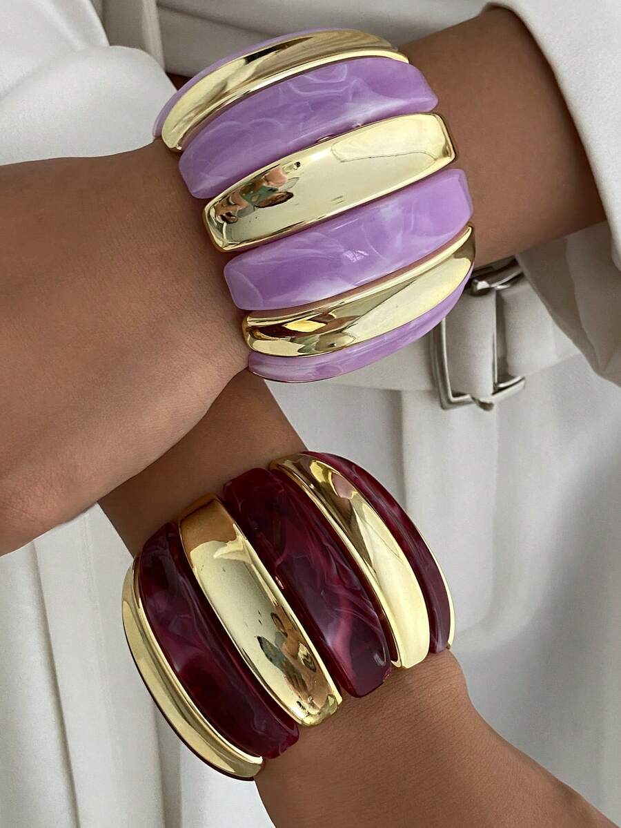 1 pieza Brazalete ancho de resina asimétrico de arco geométrico bohemio de colores mixtos, joyería versátil de fiesta casual lujosa para mujeres y parejas, regalo para boda y vacaciones (el material y el color del brazalete están sujetos al producto real) - pulsera - Ver 1