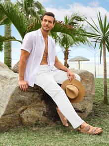 Mens Linen Cargo Pants Lightweight Elastic Waist Drawstring Casual Loose Summer Vacation Beach Yoga Pants With Pockets - 白色 - 查看 2