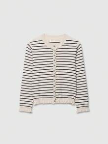 Layered Decorative Long Sleeve Striped Knit Cardigan Sweater - Stripe - View 1