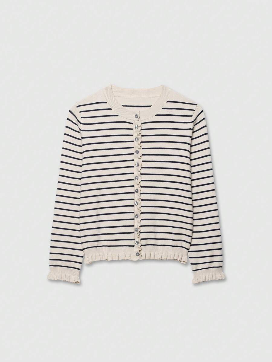 Layered Decorative Long Sleeve Striped Knit Cardigan Sweater - Stripe - View 1