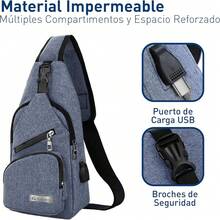 Mochila Impermeable Antirrobo Cruzada, Bolsa de Pecho para Hombre, Bolsa de Hombro con Puerto de Carga USB, Adecuada para Teléfonos, Tabletas, Deportes y Otras Actividades - azul - Ver 6