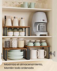 Estante para Especias, Juego de 3, Organizador de Armario, Apilables, Especieros Extensibles, Metal y Madera de Ingeniería, Marrón Rústico y Negro Mate - Marrón - Ver 1