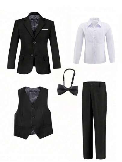 5pcs Boys Formal Suit Set, Toddler Tuxedo Outfit, Wedding Pageboy Suit, Includes Jacket, Vest, Pants, Shirt, Tie, Formal Wear, Suitable For Children Birthday, Wedding, Graduation Ceremony, Wedding Guest, Pageboy, Black, Size 6-16 Years