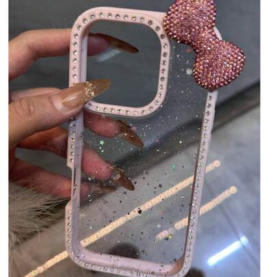 奢华蝴蝶结水晶闪亮环氧树脂透明手机壳，兼容 17/16 Pro Max/15/14/13，防震保护框硬质亚克力保护套，生日礼物派对佳品