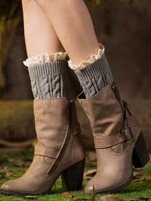 1 Pair Of Lace Leg Covers Paired With Covers For Boots Warm Leg Protection Women's Autumn And Winter Short Knitted With Pleated Lace, Cozy - Multicolor - View 8