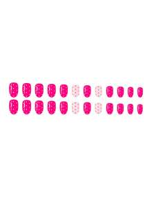24pcs Short Oval Nail Stickers - French Minimalist Glossy, Passionate Rose Red Polka Dot, European & American Sweet Chic Styles, Full Coverage Easy Application, Suitable For Daily, Holiday Occasions, High Quality Adhesive Nail Stickers, Smooth Surface, Must-Have For Fashion Enthusiasts. Press On Nails - Multicolor - View 2