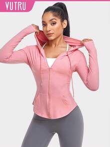 VUTRU Chaqueta Deportiva Con Capucha Con Cremallera, Agujeros Para El Pulgar Y Cordón, Camiseta De Compresión - Rosa Pálido - Ver 1