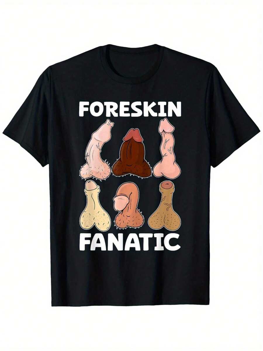 Real Man~Men's 100 Cotton Relaxed Fit Drippy T-Shirt - "Foreskin Fanatic" Humorous Graphic Print, Black Casual Novelty Tee For Adults, Sizes S-XXXL, Allseason Apparel, Cartoonish Design, Easy Care Top - 黑色 - 查看 1
