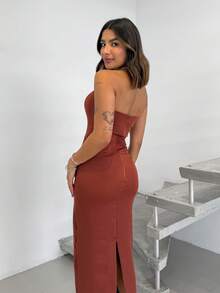Tailored Midi Dress With Bust, Boning, Back Slit - Rust Brown - View 6