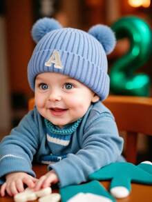 1 件 A-Z 0-3 岁冬季保暖双层加厚婴儿羊毛针织帽新生儿帽子双绒球可爱帽子适合儿童男童女童儿童无檐帽 - 藍色 - 查看 2