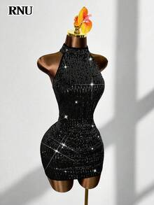 RNU 彩色亮片露背弹力性感紧身连衣裙，适合约会、狂欢派对、夜店、街头、情人节、新年生日等场合，春夏秋冬皆宜。 - 黑色 - 查看 4
