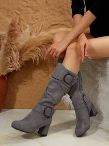 Bốt cao đến đầu gối bằng da lộn kiểu Âu Mỹ mới thu/đông có gót dày và khóa thắt lưng, bốt cao đến đầu gối cho nữ, dự tiệc - Xám - Xem 2