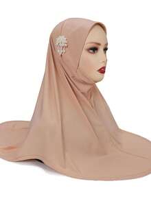 1pc Ready To Wear Instant Hijabs With Pearl Decor, Fashionable Solid Color Convenient Daily Wear Muslim Headscarf