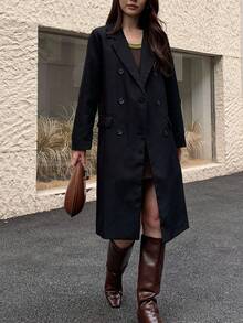 Casual Solid Color Lapel Double Breasted Jacket, Autumn - Black - View 2