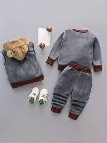 3pcs Kids Winter Warm Cartoon Embroidered Hooded Zipper 3 Pieces Set - Dark Grey - View 2