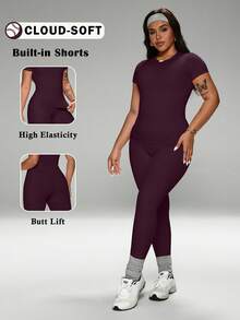 FWH Comfortable All-Day Set, Includes Waist Cincher Belt, Versatile Athleisure Essentials, Cozy Yet Stylish Loungewear Set, High-Waist Yoga Pants Set, Plus Size Activewear, Compression Leggings Set, Crew Neck T-Shirt And High-Waist Yoga Leggings (Plus Size Women), Stretchy Casual 2 Pieces Loungewear