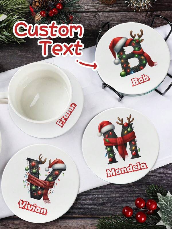 1 pieza Posavasos de cerámica con forma de sombrero de Navidad personalizable, resistente al calor y absorbente, con texto navideño personalizado, apto para bebidas, tazas de té y café, decoración del hogar y restaurantes, regalo esencial para las fiestas, decoración navideña