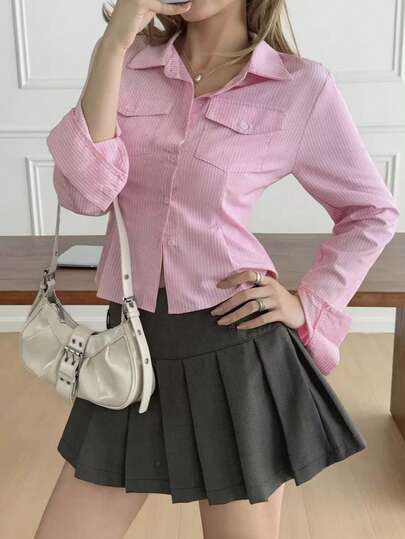 Women's Casual Striped Long Sleeve Button-Up Shirt Pink Spring