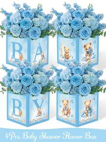 4 件蓝色小熊图案花朵婴儿洗礼中心装饰盒，带有“BABY”字母（不含花朵），可爱蓝色小熊主题图案性别揭秘派对新生儿派对装饰品，1 岁生日派对花盒中心装饰，带字母的乡村风格桌面展示，非常适合婴儿洗礼，性别揭秘派对小礼品，桌面中心装饰，迎婴派对礼物 - 藍色小熊 - 查看 1