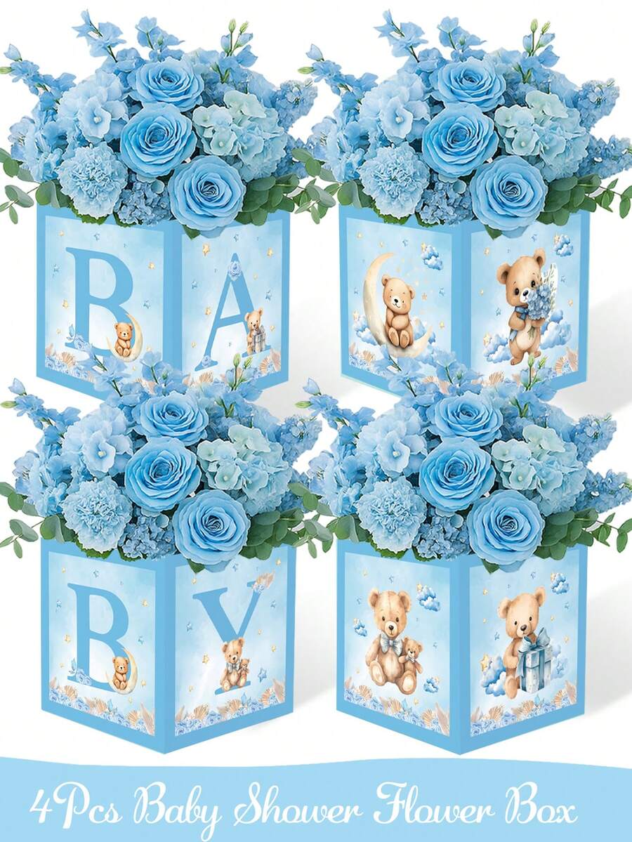 4 件蓝色小熊图案花朵婴儿洗礼中心装饰盒，带有“BABY”字母（不含花朵），可爱蓝色小熊主题图案性别揭秘派对新生儿派对装饰品，1 岁生日派对花盒中心装饰，带字母的乡村风格桌面展示，非常适合婴儿洗礼，性别揭秘派对小礼品，桌面中心装饰，迎婴派对礼物 - 藍色小熊 - 查看 1
