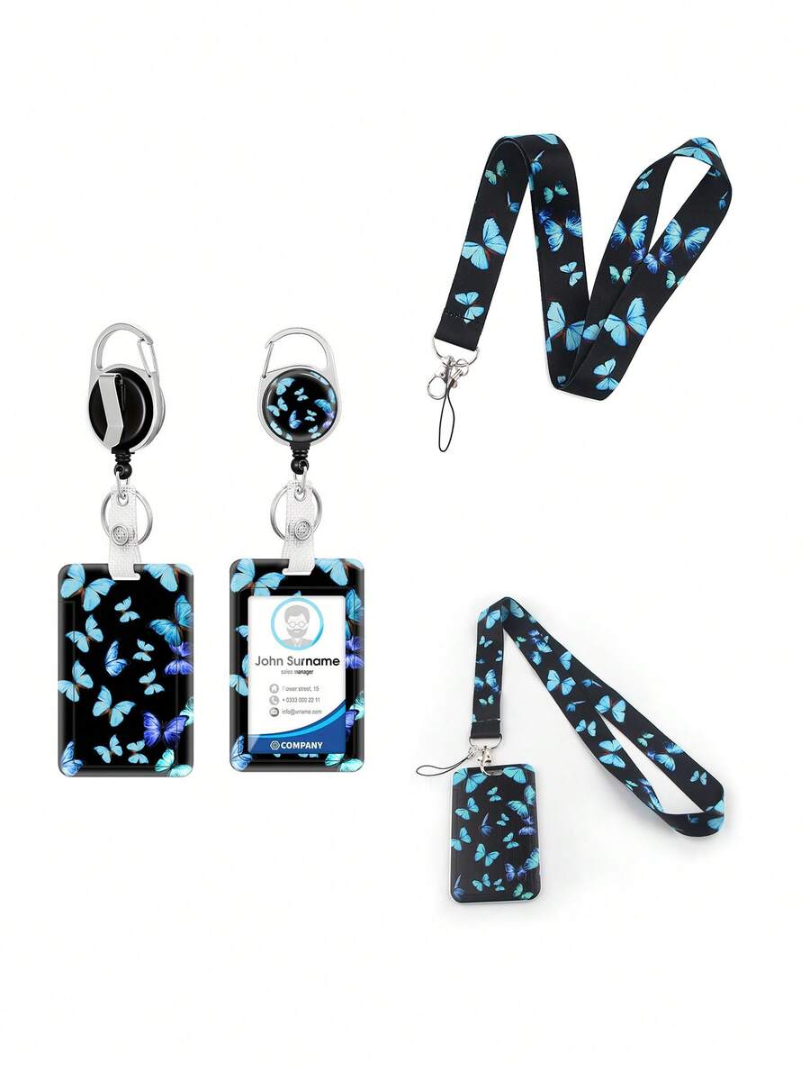 1pc/2pcs Butterfly Pattern Lanyard/Retractable Card Holder, Card Holder Combo For Bus Pass, ID Card, Photo Card, Medical ID, Exhibition Badge, Student ID, ID Holder, Phone/Camera Lanyard