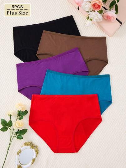 5 chiếc/gói quần lót nữ cỡ lớn, thoáng khí, mềm mại, màu trơn, cạp trung bình, thoải mái cho mặc hàng ngày và thể thao.