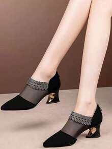 Women's Spring/Summer Fashion High Heel Pumps, Mesh Patchwork Breathable Slip-On Shoes, Rhinestone Decor Chunky Heel Dress Shoes - Black - View 10